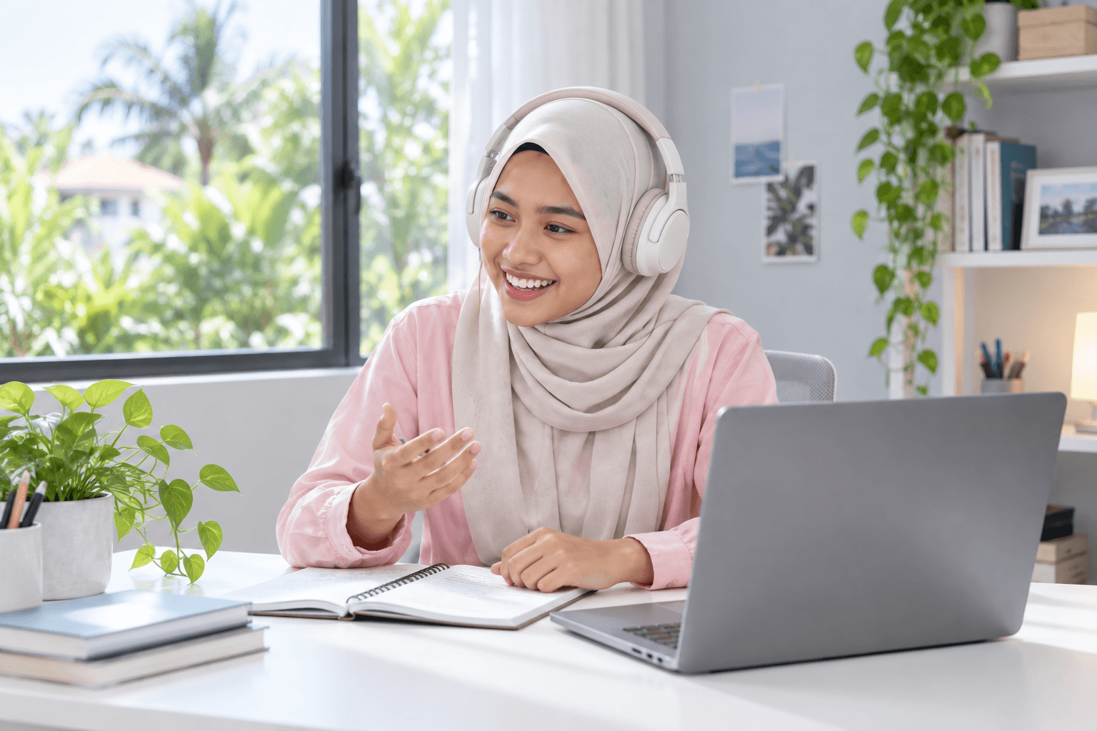 Malaysian student wearing headphones and practising English at her laptop